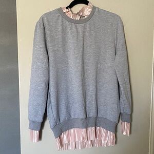 Women's Layered Grey Pullover Sweatshirt with Pink Pleated Hem